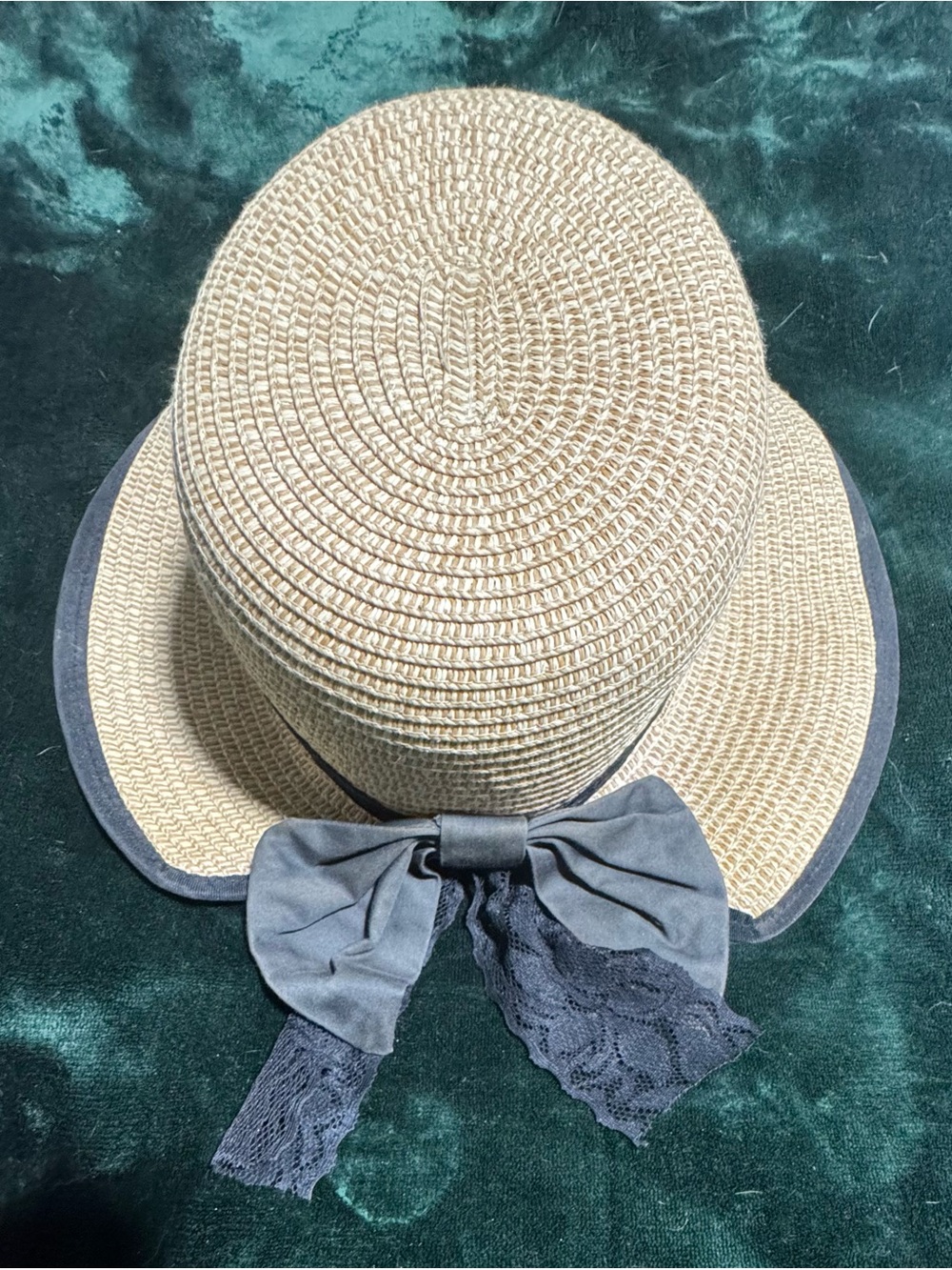 Straw Sun Hat with Navy Bow Trim